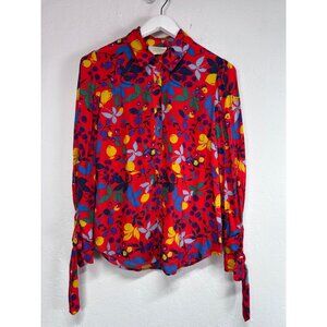 Maeve Anthropologie Womens Red Floral Button-Up Blouse Size 6 Tie Sleeve Boho